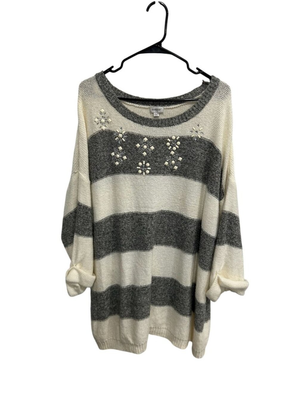 Avenue 26/28 Gray Cream Striped Sweater Embellished Accents Cozycore Minimalist